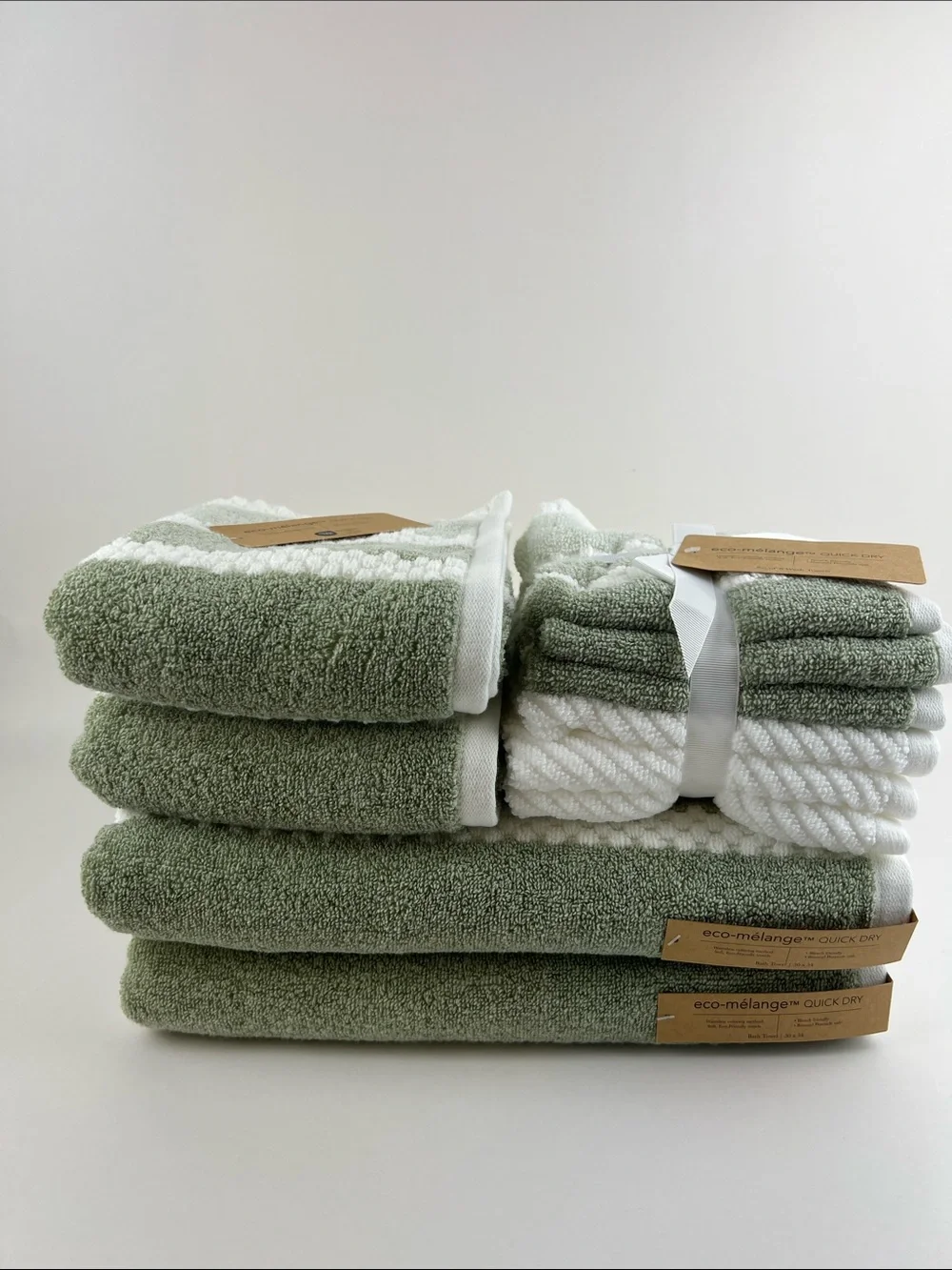 Eco Melange Bath Towels Green White Quick Dry Soft 100% Cotton 10 Pc Set NEW